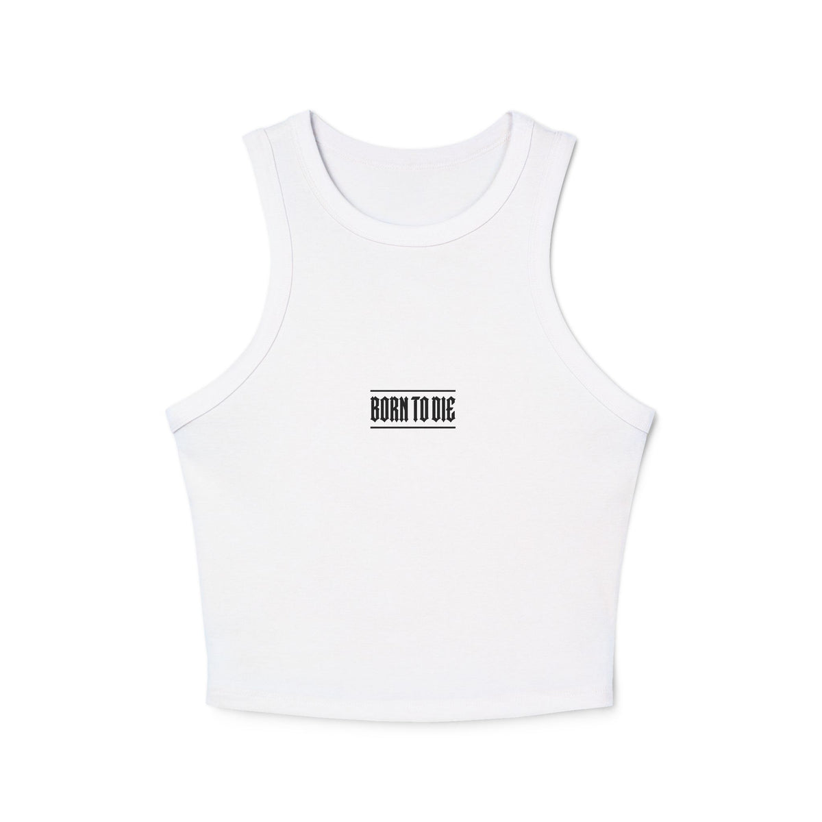 Top a canotta "Born to Die" grafico Racer | Testo gotico vintage, crop a coste bianco