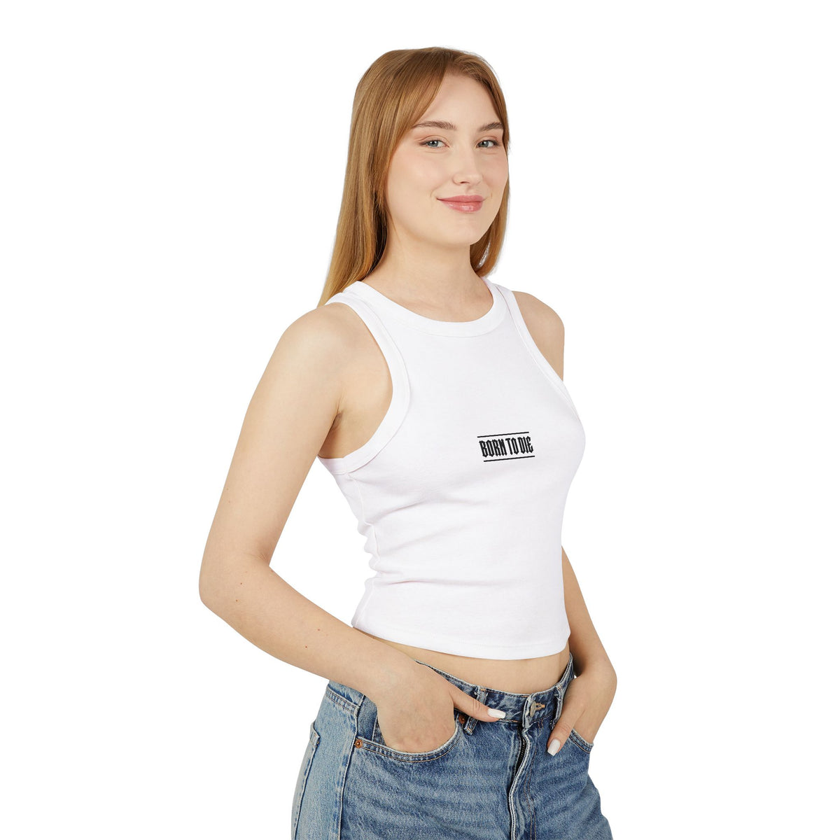 Top a canotta "Born to Die" grafico Racer | Testo gotico vintage, crop a coste bianco