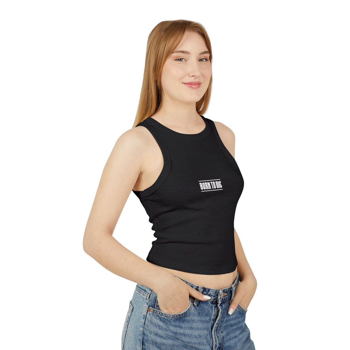 Top a canotta "Born to Die" grafico Racer | Testo gotico vintage, crop a coste bianco