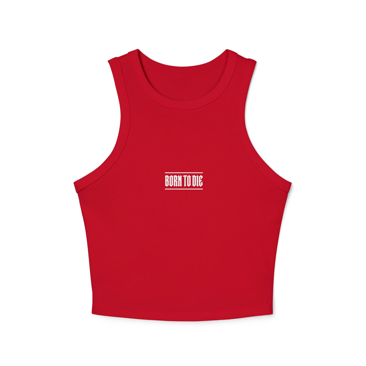Top a canotta "Born to Die" grafico Racer | Testo gotico vintage, crop a coste bianco