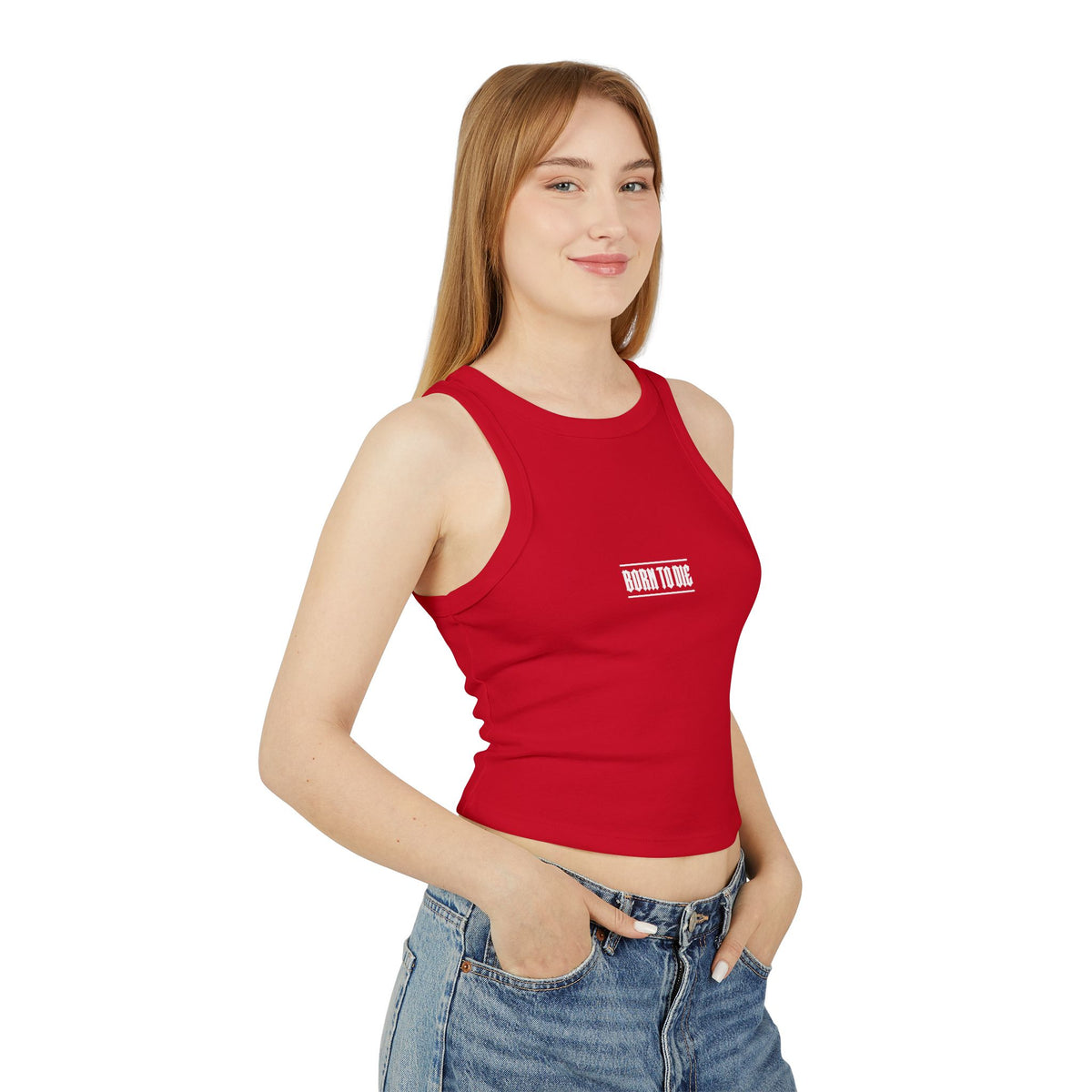 Top a canotta "Born to Die" grafico Racer | Testo gotico vintage, crop a coste bianco