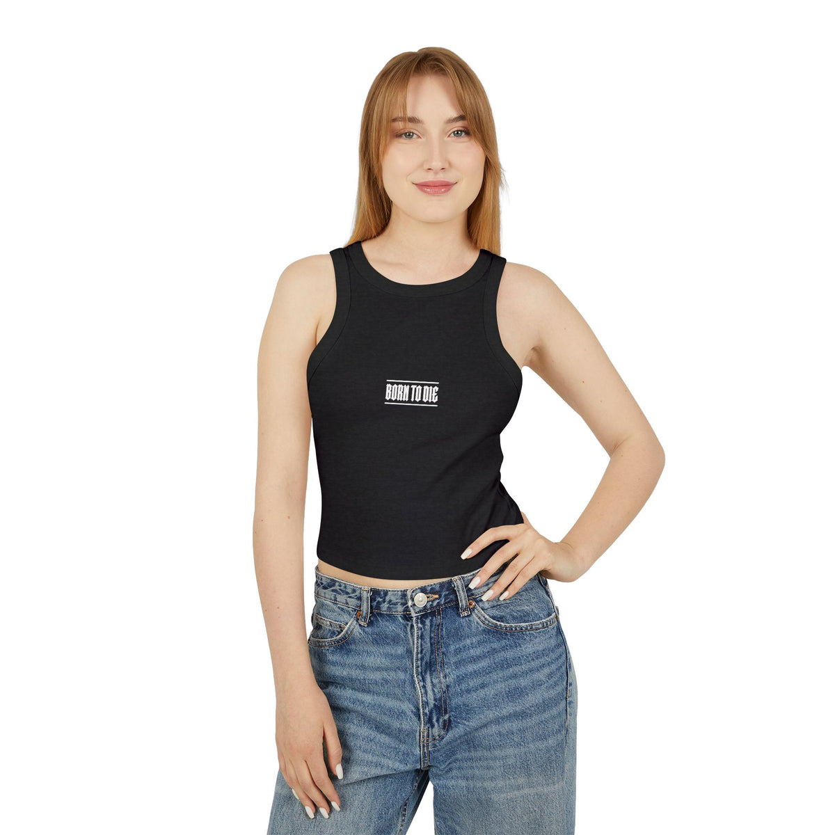 Top a canotta "Born to Die" grafico Racer | Testo gotico vintage, crop a coste bianco
