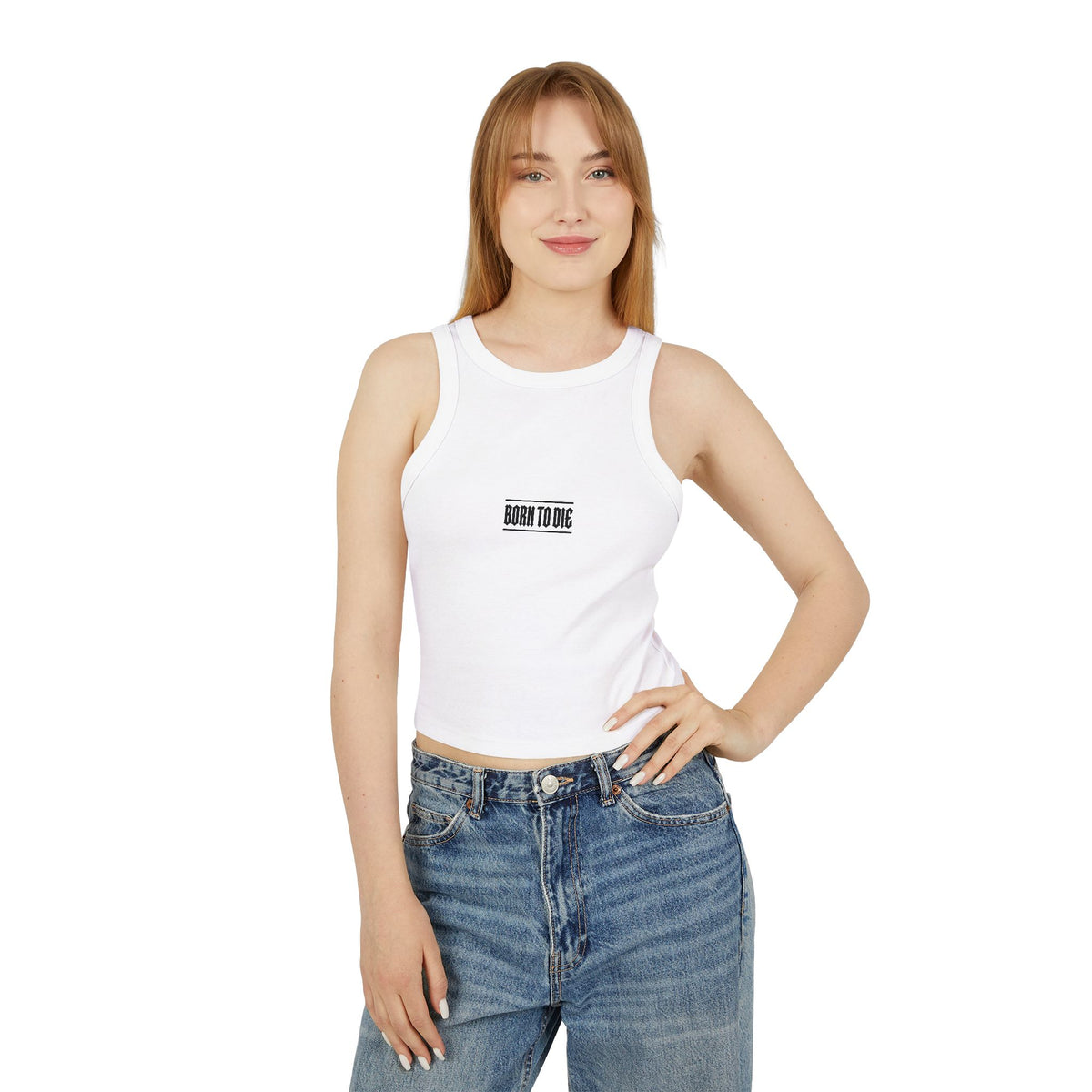 Top a canotta "Born to Die" grafico Racer | Testo gotico vintage, crop a coste bianco