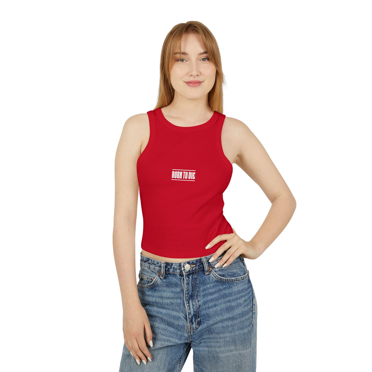Top a canotta "Born to Die" grafico Racer | Testo gotico vintage, crop a coste bianco